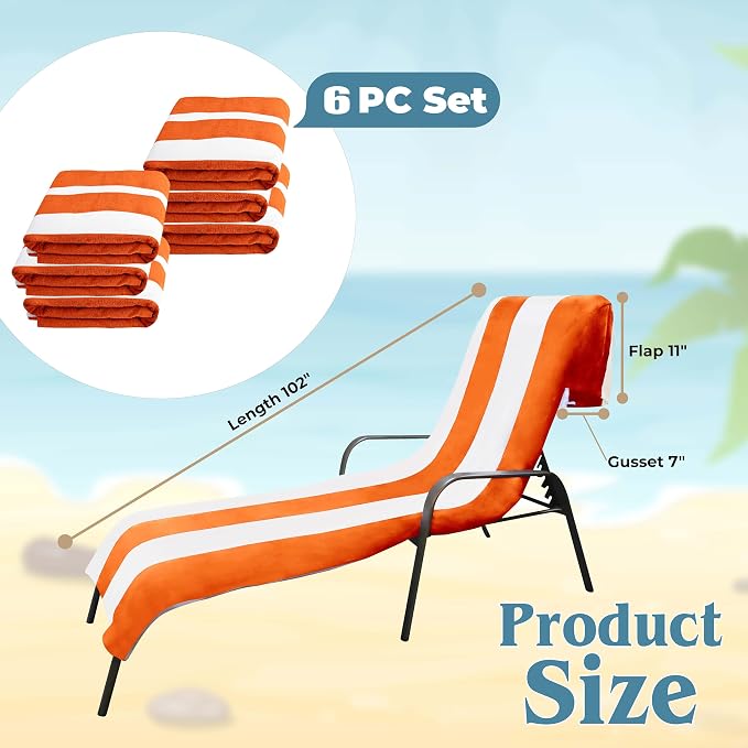 Superior Cabana Cotton Lounge Chair Cover, Outdoor Towel/Chaise Furniture Covers, Terry Cloth, Beach, Spa, Swim Accessories, Pool Chair Cover, Soft, Quick Drying, 32" x 102", Set of 6, Orange