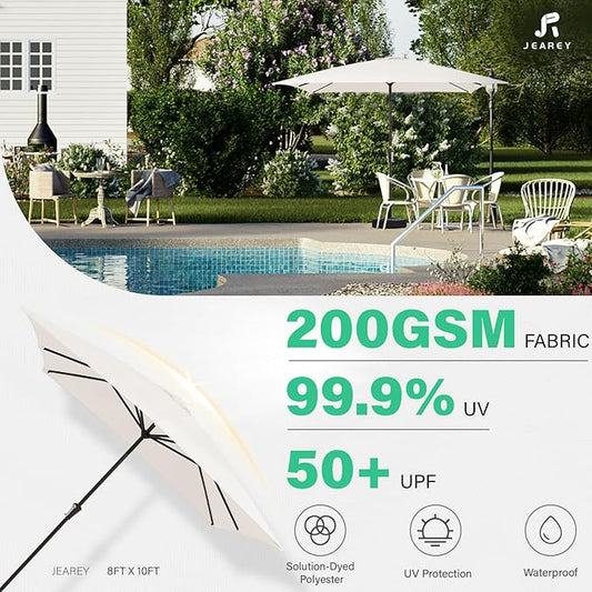 JEAREY 8x10 ft Rectangular Patio Umbrellas Outdoor Table Market Umbrella w/Crank, 8 Sturdy Ribs, UV Protection Windproof Sunproof for Garden, Deck, Backyard, Pool(Cream White)