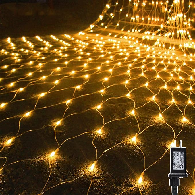 WATERGLIDE Outdoor Christmas Net Lights, 12FT x 5FT 360 LED Fairy String Light with 8 Lighting Modes, Connectable Light for Garden Tree Bushes, Holiday Wedding Party Decorations, Warm White