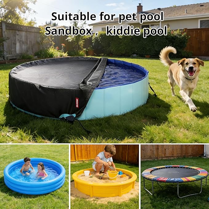 QH.HOME 87 inch Kiddie Pool Cover Round, Collapsible Dog Pool Cover with Super Windproof Ratchet Design, Odorless Waterproof Fabric Material and - Only Cover