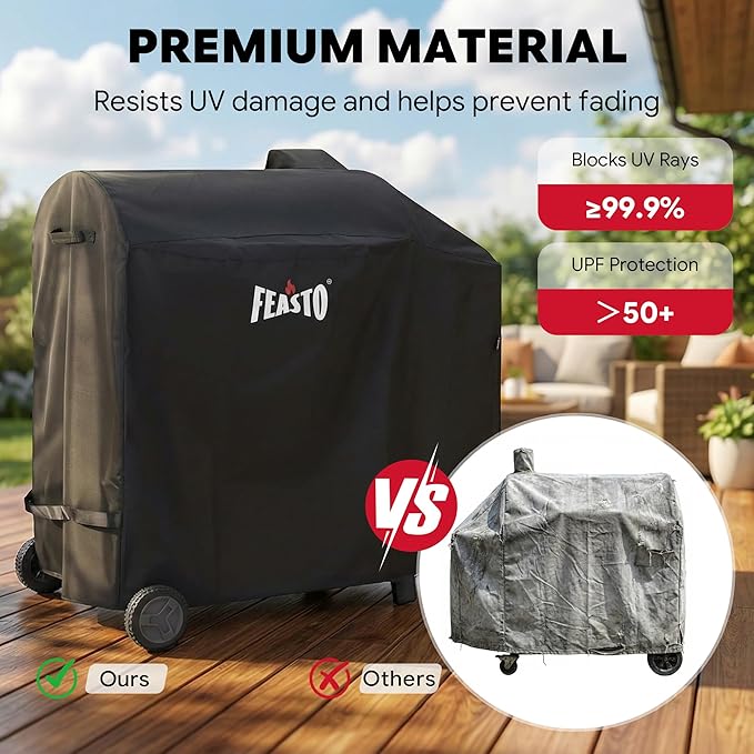 FEASTO 44-Inch Outdoor Grill Cover for Charcoal Grill with Side Table, Waterproof 600D Heavy Duty BBQ Grill Cover, with Handles & Hook and Loop Straps, Black