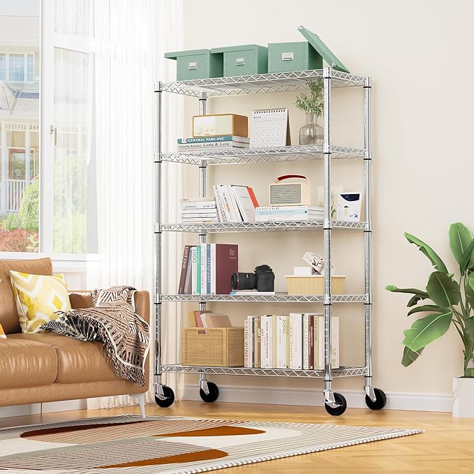 M MZG 5-Shelf Storage Shelves,Wire Shelving Heavy Duty Metal Storage Shelving Unit Adjustable Garage Shelving Rack Pantry Kitchen (Chrome, 5 Tier,17.7" D x 47.2" W x 76.7" H) (Pack of 2)