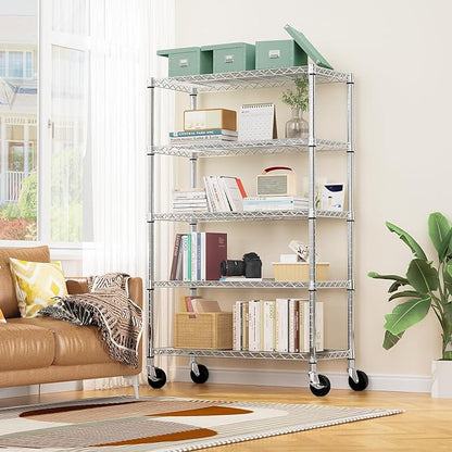 M MZG 5-Shelf Storage Shelves,Wire Shelving Heavy Duty Metal Storage Shelving Unit Adjustable Garage Shelving Rack Pantry Kitchen (Chrome, 5 Tier,17.7" D x 47.2" W x 76.7" H) (Pack of 2)