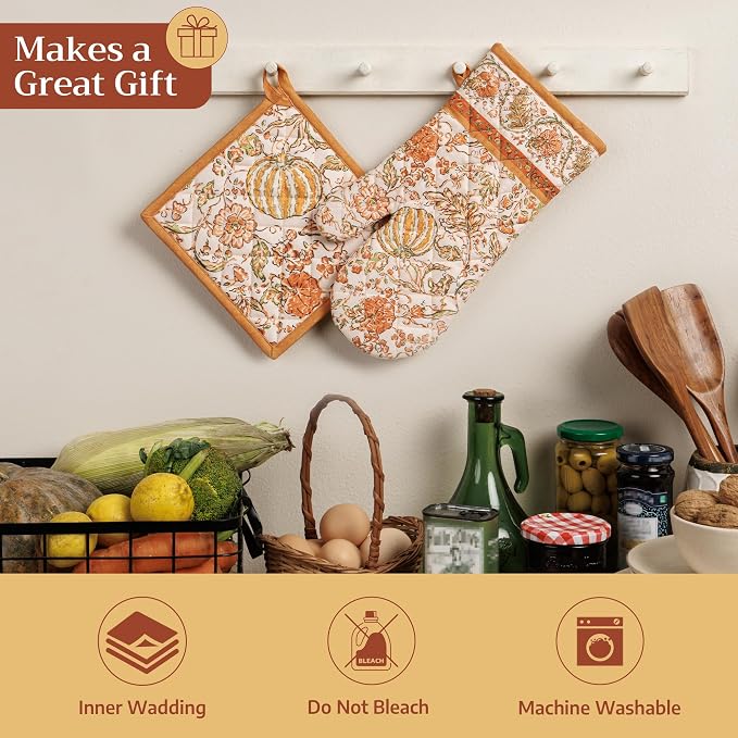 Maison d'Hermine Oven Gloves 100% Cotton Oven Mitt (7" x 13", Pack of 1) | With Loop Heat Resistant BBQ Cooking Gloves Baking Kitchen Handling Hot Pans Thanksgiving Christmas - Pumpkin Spice
