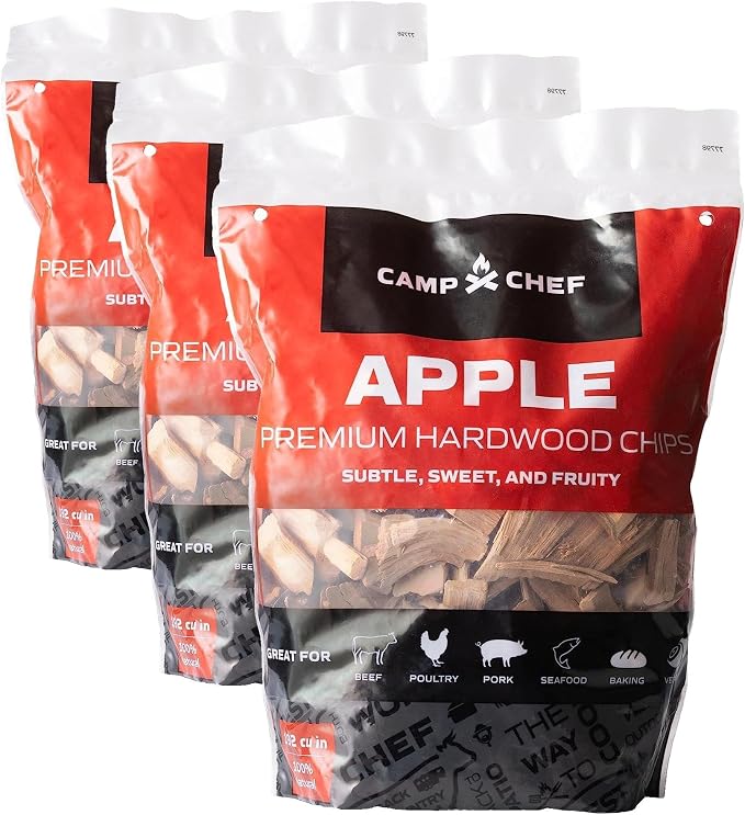 Camp Chef Premium Hardwood Chips - Wood Chips for Smoking & Outdoor Grilling - Compatible with Pellet Grills, Smokers & Barbecues - Made in The USA - Apple, 192 cu in (Pack of 3)