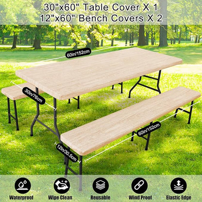 Smiry Picnic Table Cover with Bench Covers, Waterproof Elastic Fitted Tablecloth for 5 Foot Tables, Washable Polyester Tablecloths for Camping, Indoor & Outdoor (Ivory, 30x60 Inch 3-pc Set)
