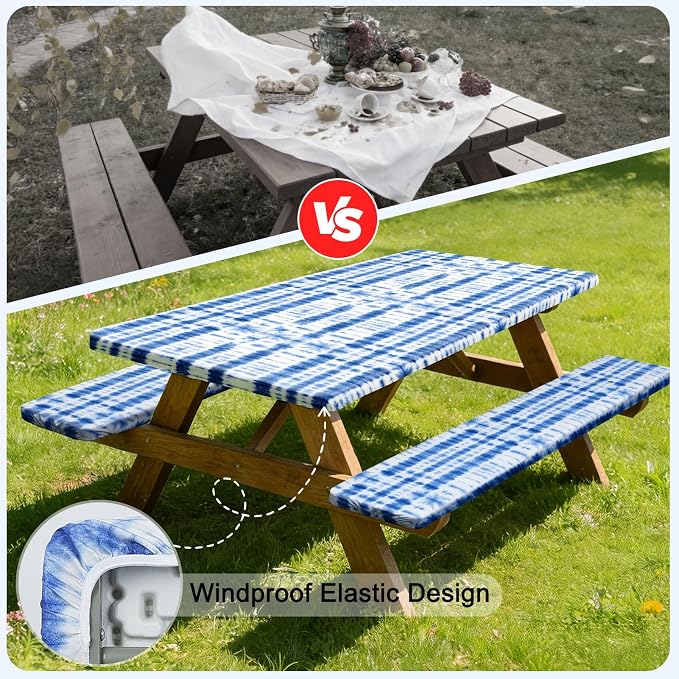 Picnic Table Cover with Bench Covers Windproof Waterproof Picnic Table Covers Camping Tablecloth with Self-Storage Bag, 72in, Blue Tie-dye