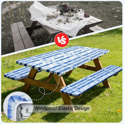 Picnic Table Cover with Bench Covers Windproof Waterproof Picnic Table Covers Camping Tablecloth with Self-Storage Bag, 72in, Blue Tie-dye
