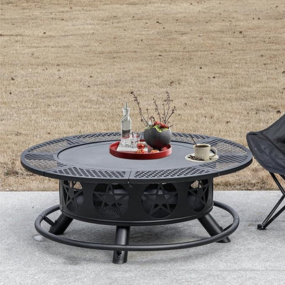 OutVue 36 Inch Fire Pit with 2 Grills, Wood Burning Fire Pits for Outside with Lid & Poker, BBQ& Outdoor Firepit & Round Metal Table 3 in 1 for Patio, Picnic, Party