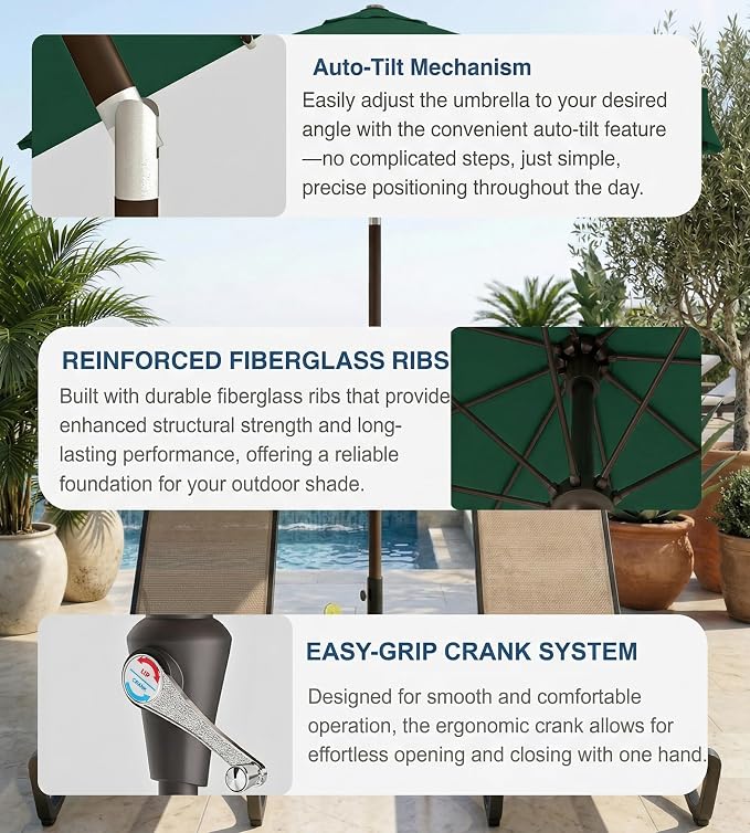 PatioKingdom Auto-Tilt 9FT Patio Umbrella Outdoor with 8 Sturdy Fiberglass Ribs,Market Table Umbrella for Pool,Backyard,Deck and Garden