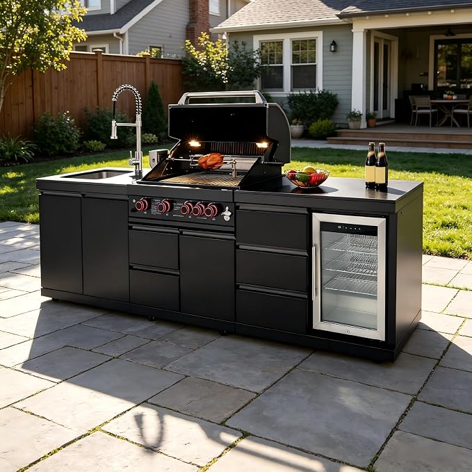 102.4'' Outdoor Kitchen Island, All-In-One 4 Burner Modular Outdoor Kitchen for Backyards, 59500 BTU, BBQ Grill with 304 Stainless Steel, Black Outdoor Kitchens with Sink, Refrigerator