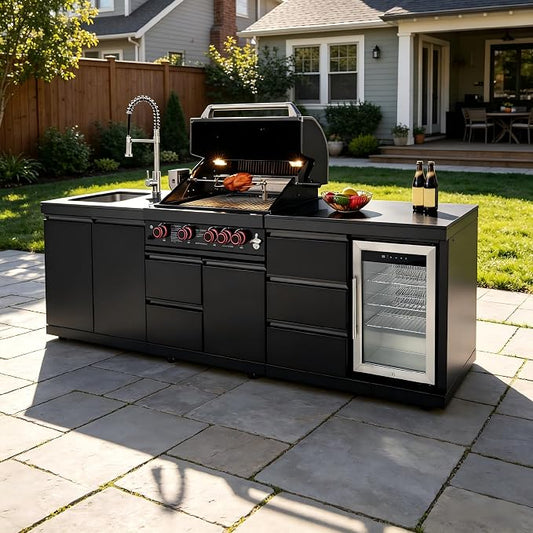 102.4'' Outdoor Kitchen Island, All-In-One 4 Burner Modular Outdoor Kitchen for Backyards, 59500 BTU, BBQ Grill with 304 Stainless Steel, Black Outdoor Kitchens with Sink, Refrigerator