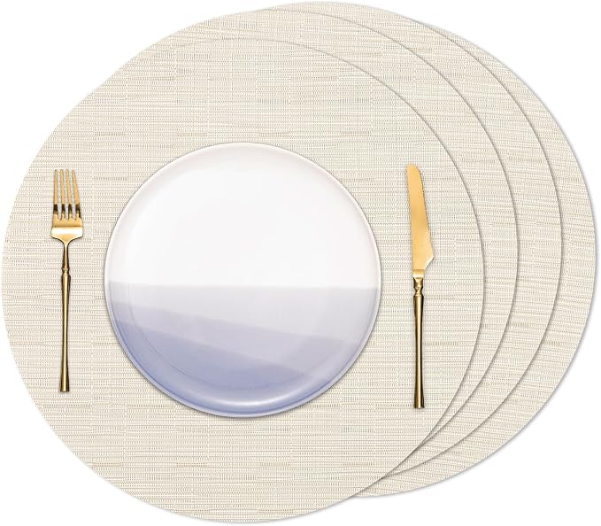 15 Inch Round Placemats Set of 4, Washable Vinyl Woven Place Mats | Heat Resistant Non-Slip Braided Table Mats for Dining Table Kitchen Indoor & Outdoor Use (White, Set of 4)