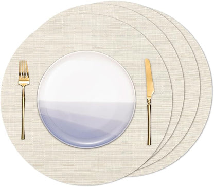 15 Inch Round Placemats Set of 4, Washable Vinyl Woven Place Mats | Heat Resistant Non-Slip Braided Table Mats for Dining Table Kitchen Indoor & Outdoor Use (White, Set of 4)