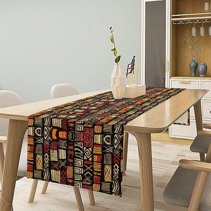 Egypt Table Runner Abstract African Art Tribal Geometric Pattern Style Background Cairo Culture, Dining Room Kitchen Rectangular Runner, 13" X 60"