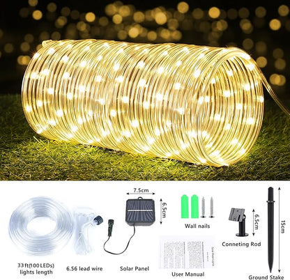 Solar Rope Lights, 33ft 100LED Solar String Lights, 8 Modes Waterproof Solar Outdoor Light, Flexible Clear Trampoline Light for Garden Backyard Patio Deck Porch, Pool Tree Decoration - Warm White