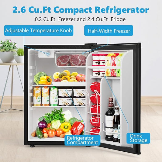 COWSAR 2.6 Cu.Ft Dorm Fridge with Freezer, Single Reversible Door Compact Refrigerator, Adjustable Thermostat, 2 Removable Shelves, Commercial Drink Fridge for Bedroom, Office, Kitchen, Dorm, Black