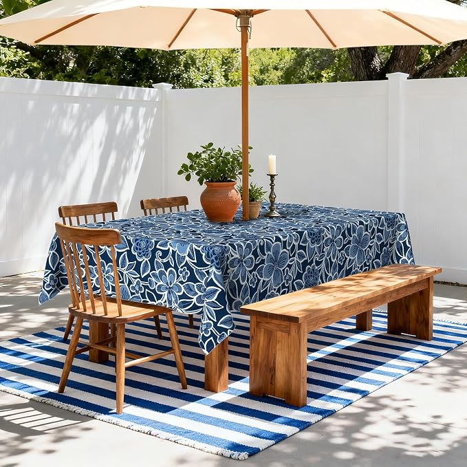 LVTXIII Rectangle Outdoor Tablecloth with Umbrella Hole and Zipper, Water-Repellent 60 x 84 Inch Patio Table Cover for Picnic, Garden, Backyard Dining, Flower Navy