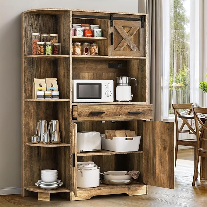 YITAHOME 67" Farmhouse Pantry with Power Outlet & Sliding Barn Door, Oak | Freestanding Hutch with Charging Station, Shelves & Drawer for Kitchen and Dining Room