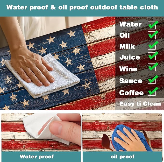 American Flag Picnic Table Cover with Bench Covers and Bag | 4th of July Waterproof Oilproof Fitted Tablecloth with Elastic Edges for Patriotic Outdoor Decor Camping 3Pcs 30x60 Inch