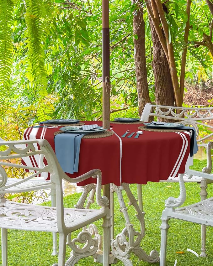 QueenKer Outdoor Tablecloth with Umbrella Hole, Farmhouse Wine Red White Stripe Round Tables Waterproof Tabletop Collection for Patio, Garden, Picnic, Camping, Dining 60R