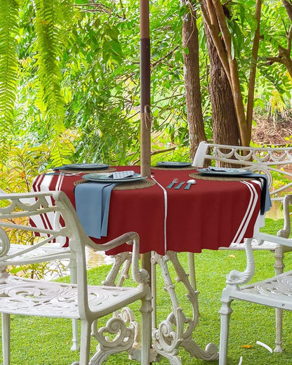 QueenKer Outdoor Tablecloth with Umbrella Hole, Farmhouse Wine Red White Stripe Round Tables Waterproof Tabletop Collection for Patio, Garden, Picnic, Camping, Dining 54R