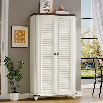 DWVO 67"' 4-Tier Farmhouse Kitchen Pantry Cabinet with Shutter Doors, White | Storage Cabinet with Adjustable Shelves, Hooks & Hanging Rods, Sturdy Cupboard for Kitchen, Dining Room, Living Room