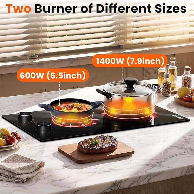 2 Burner Electric Cooktop - 12 Inch 2000W Electric Stove Built-in & Countertop, Two Burner Ceramic Cooktop with Knob Control, 9 Power Level, Over Heat Protection, 110-120V Plug in (Grey Konb)