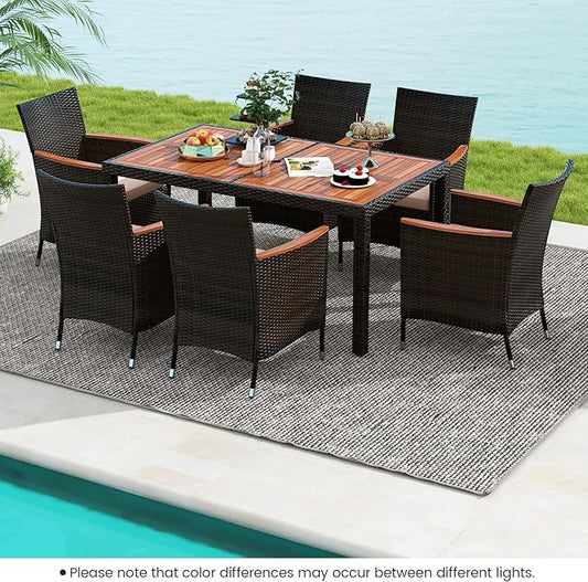 COSTWAY 7-Piece Patio Dining Set for 6, Outdoor Rattan Wicker Table and Chairs Furniture Set with Umbrella Hole, Acacia Wood Tabletop for Backyard, Balcony, Poolside, Brown & Beige