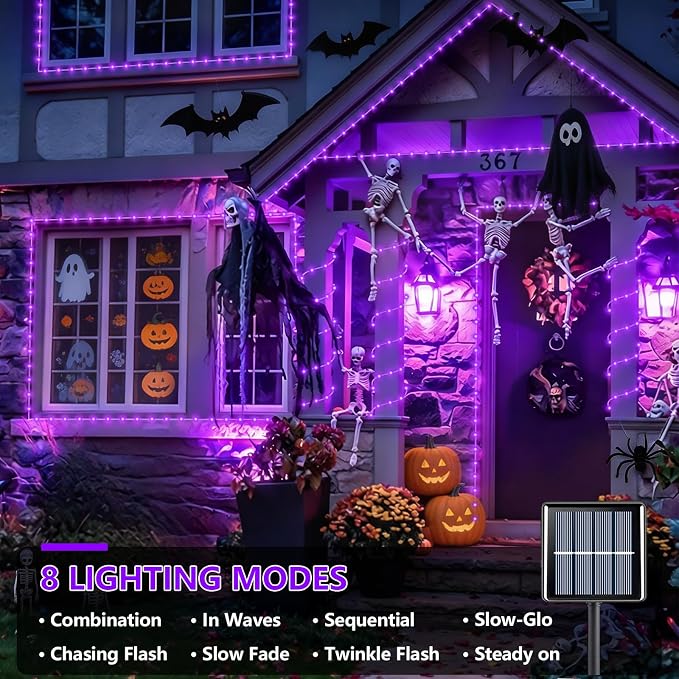 YEGUO Solar Halloween Lights Outdoor Waterproof, 66ft 200 LED Purple Solar Rope Lights, 8 Modes Fairy Lights in Clear Thin Tube