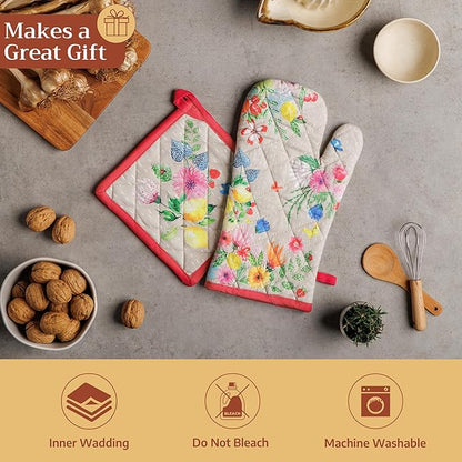 Maison d' Hermine 100% Cotton Oven Mitt & Pot Holder Set (7.5"x13" & 8"x8") Heat Resistant BBQ Cooking Gloves with Loop Baking Grilling Kitchen Hotel Home Farmhouse Spring Summer (Jardin D'Ete - Fog)