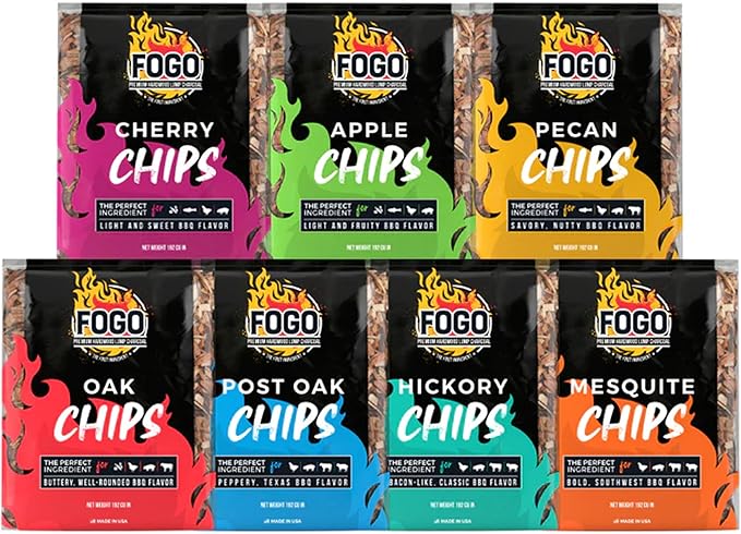 FOGO Wood Chips Variety Pack for Grilling and Smoking, 7 Flavors Including Apple, Cherry, Pecan, Oak, Post Oak, Hickory, & Mesquite, Made in USA, 1.4 lb Bags, 7-Pack