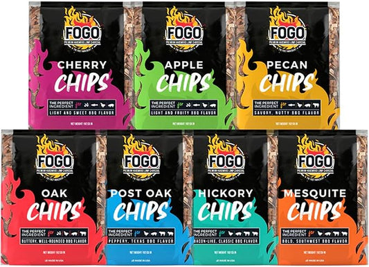 FOGO Wood Chips Variety Pack for Grilling and Smoking, 7 Flavors Including Apple, Cherry, Pecan, Oak, Post Oak, Hickory, & Mesquite, Made in USA, 1.4 lb Bags, 7-Pack
