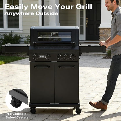 4 Burner Propane Gas Grill with 1 Side Burner, 50,000 BTU Outdoor BBQ Grill, Heavy-Duty Steel Construction, Cast Iron Cooking Grates & Griddle, Backyard Patio Barbecue