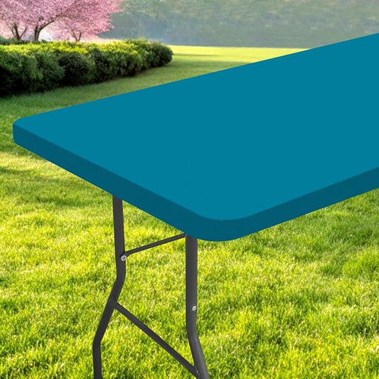 Rectangle Table Cloth, Waterproof Elastic Fitted Tablecloth for 8 Foot Folding Tables, Washable Polyester Tablecloths for Picnic, Camping, Outdoor (Teal, 30"x96")