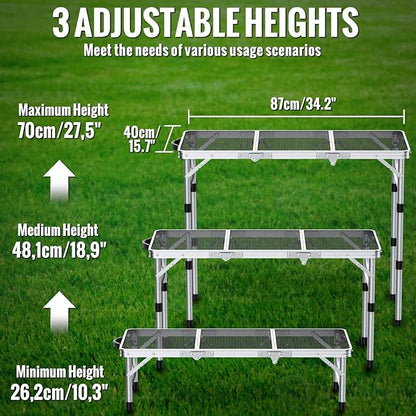 GARLLEN Folding Grill Table, 3 Adjustable Height Portable BBQ Table with Heat-Resistant Mesh Tabletop, Lightweight Aluminum Camping Tables for Outdoor, Grill, Picnic, 34.2" L x 15.7" W, Silver