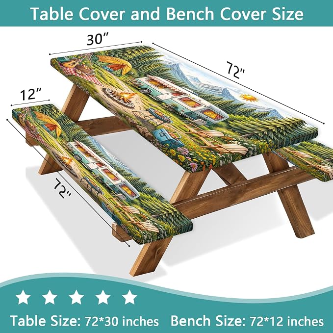 Happy Camping Picnic Table Cover with Bench Covers & Bag, Camping Essentials, RV Tent Forest Mountain Waterproof Windproof Fitted Tablecloth Cover with Elastic Edge for Outdoor Garden 3 PCS 30x72Inch