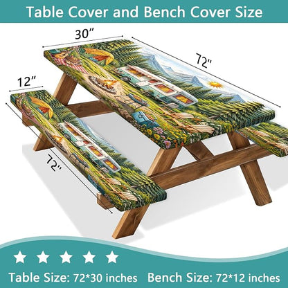 Happy Camping Picnic Table Cover with Bench Covers & Bag, Camping Essentials, RV Tent Forest Mountain Waterproof Windproof Fitted Tablecloth Cover with Elastic Edge for Outdoor Garden 3 PCS 30x72Inch