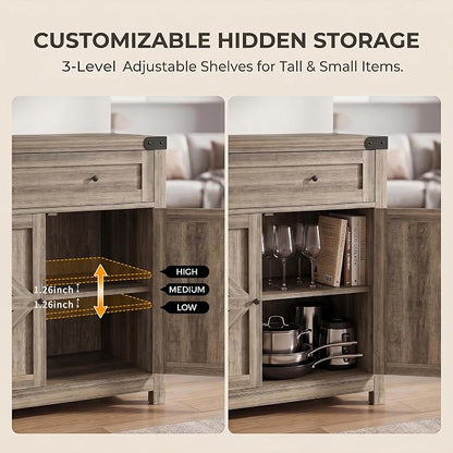 YESHOMY Coffee Bar and Accent Cabinet, Farmhouse Barn Door Buffet Sideboard with Drawer and Adjustable Shelf, Wide Desktop for Kitchen, Dining Room, Bathroom, Entryway, Oak