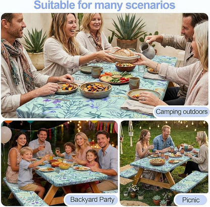 Picnic Table Cover with Bench Covers Camping Essentials Waterproof Windproof Camping Tablecloth with Drawstring Bag, Fitted Rectangle Tables and Seats, 72in, Gray Blue