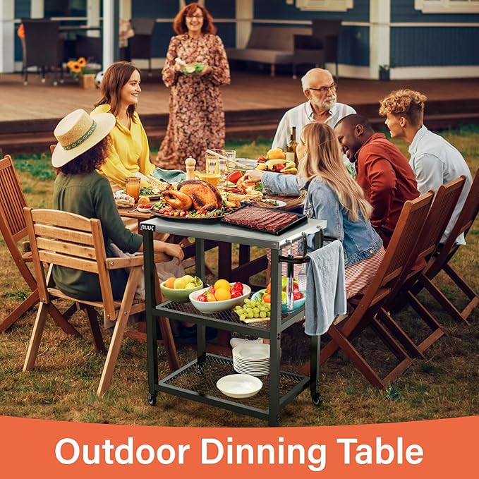 NUUK Rolling Outdoor Grill Cart with Wheel 16" x 24", Stainless Steel Table Top Pizza Oven Stand, BBQ Size Prep Table Outside Kitchen Cabinet for Garden Backyard Barbecue