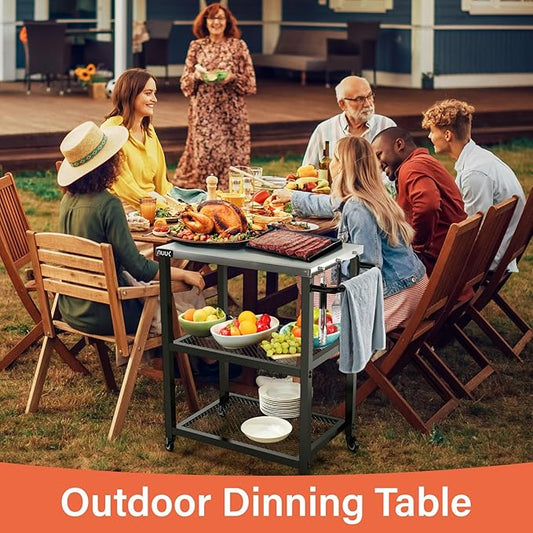 NUUK Rolling Outdoor Grill Cart with Wheel 16" x 24", Stainless Steel Table Top Pizza Oven Stand, BBQ Size Prep Table Outside Kitchen Cabinet for Garden Backyard Barbecue