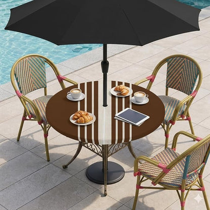 Outdoor Fitted Tablecloth with Umbrella Hole and Zipper, Brown Beige Striped Elastic Round Patio Table Cover, Farmhouse Retro Lines Modern Windproof Table Protector for Backyard BBQ Party 55''-60''