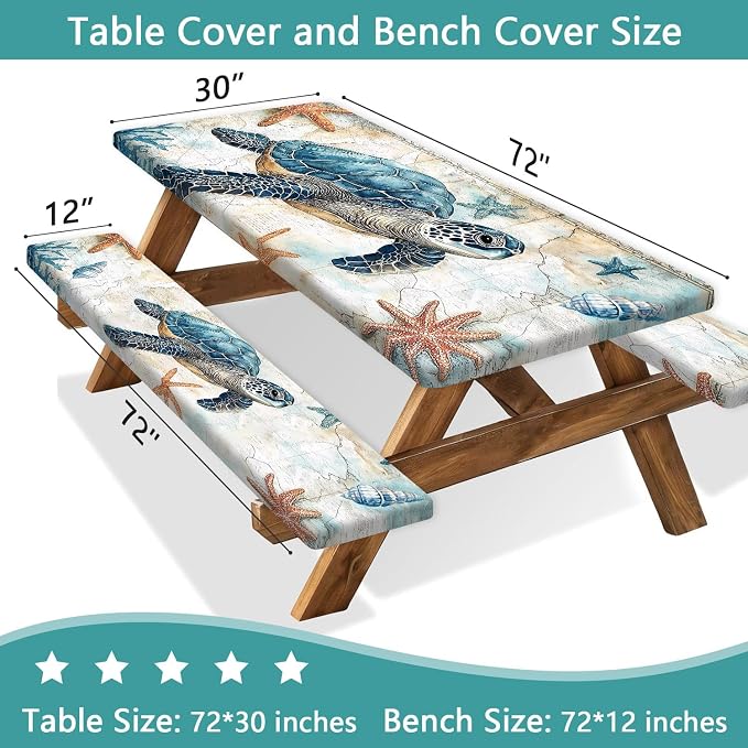 Picnic Table Cover with Bench Covers 6FT, Camping Essentials, Nautical Sea Turtle Ocean Windproof Waterproof Picnic Table Cloth, Fitted Tablecloth with Elastic Edge for Indoor Outdoor 3PCS 30x72 Inch