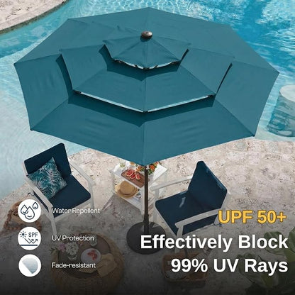 10ft 3 Tier Patio Umbrella, Outdoor Market Table Umbrella with UPF 50+ Vented Canopy, 8 Sturdy Ribs, Easy Push Button Tilt and Crank, Windproof for Deck, Pool, Backyard and Garden