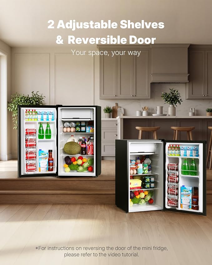 Upstreman 3.2 Cu.Ft Mini Fridge with Freezer, Stainless Steel-SR321 | Adjustable Thermostat, Energy Saving, Low Noise, Reversible Door, Small Refrigerator for Dorm, Bedroom, Office