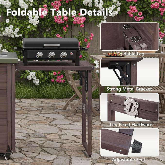 JIVOIT 78.3" Outdoor Kitchen Island with Foldable Table, Wooden Outdoor Grill Cart with Trash Can Storage & Stainless Steel Top, Adjustable Shelf, Spice Rack, Modular Towel, Paper Rack