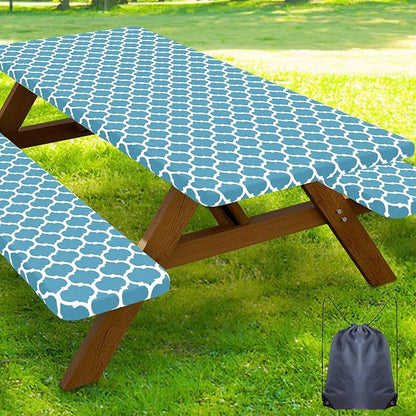 Smiry Picnic Table Cover with Bench Covers, Waterproof Elastic Fitted Tablecloth for 6 Foot Tables, Washable Polyester Tablecloths for Camping, Indoor & Outdoor (Light Blue, 30x72 Inch 3-pc Set)