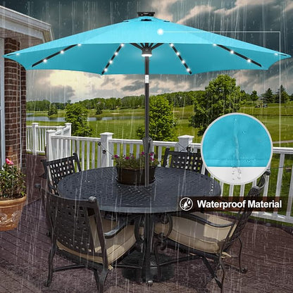 FLAME&SHADE Solar Patio Umbrella with a Centre Light, 9 FT Aqua Blue | 40 LED Lights, UV Protection, Waterproof, Porch Deck Outdoor Umbrella for Pool, Backyard, Garden, Provides Evening Lighting