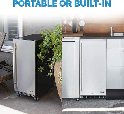 NewAir 15” Outdoor Beverage Fridge | Freestanding or Built-In Under counter Refrigerator for Outside Patio | Weatherproof Outdoor Fridge for 90 Cans with Detachable Castors | Stainless Steel